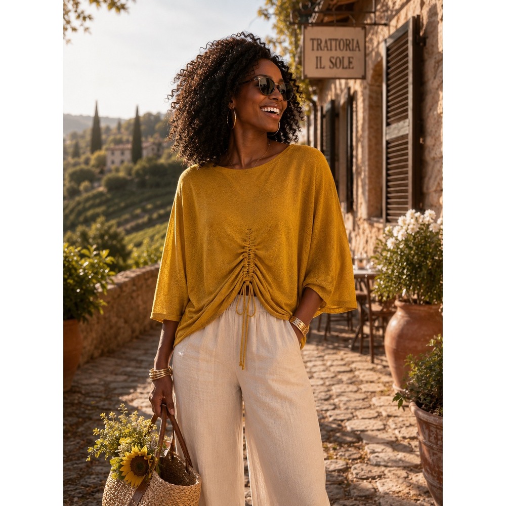 Kerisma Ryu Ruche Top Gingergrass Yellow Knit Dolman V-Neck M/L KH606 NWT‎